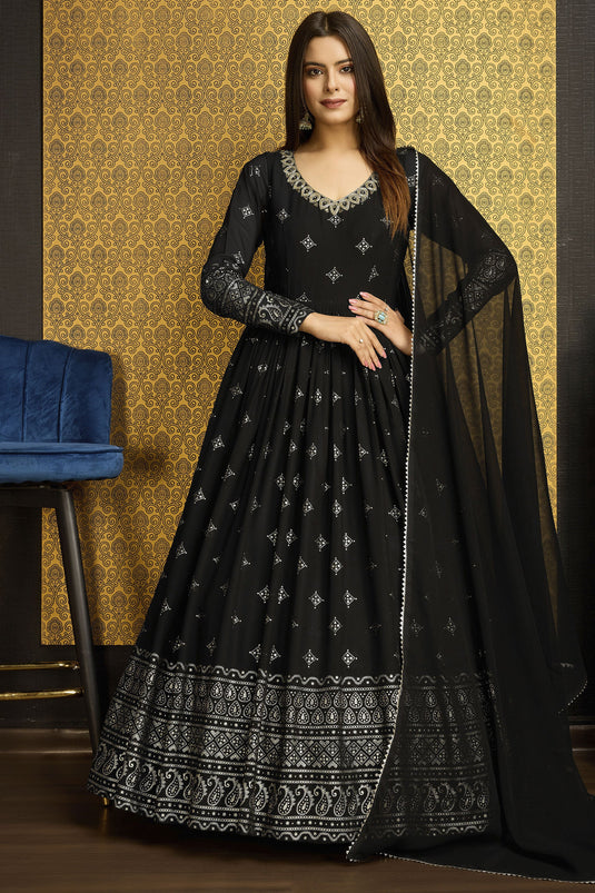 Graceful Function Wear Foil Work Black Color Georgette Readymade Gown With Dupatta