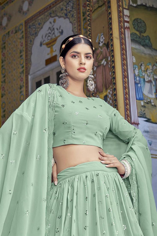 Sequins Work Beguiling Georgette Fabric Lehenga In Sea Green Color