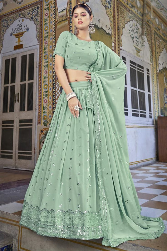 Sequins Work Beguiling Georgette Fabric Lehenga In Sea Green Color