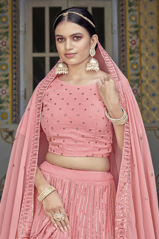 Captivating Sequins Work Pink Color Georgette Fabric Lehenga