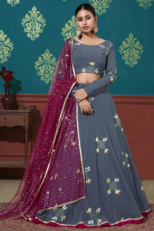 Sangeet Wear Grey Color Elegant Foil Printed Lehenga Choli In Georgette Fabric