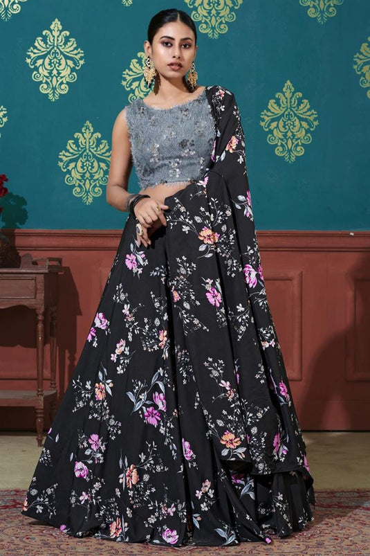 Art Silk Fabric Printed Wedding Wear Lehenga Choli In Black Color