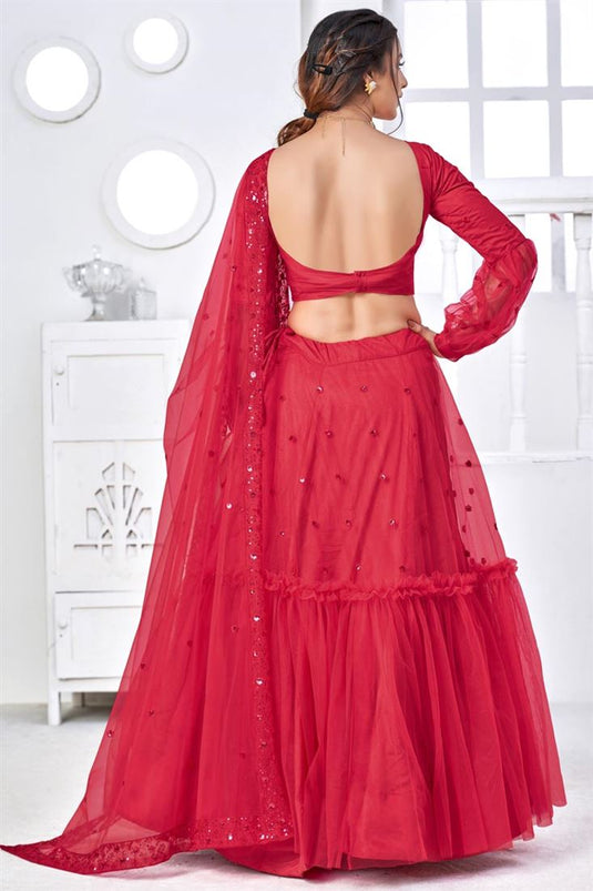 Net Red Color Stunning Embroidered Wedding Lehenga Choli