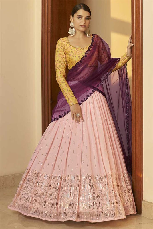 Bewitching Velvet Fabric Pink Color Function Wear Lehenga With Embroidered Work