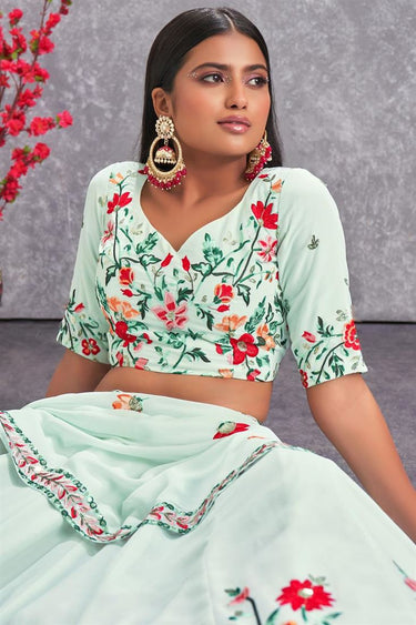 Sea Green Color Georgette Fabric Floral Embroidered Winsome Lehenga