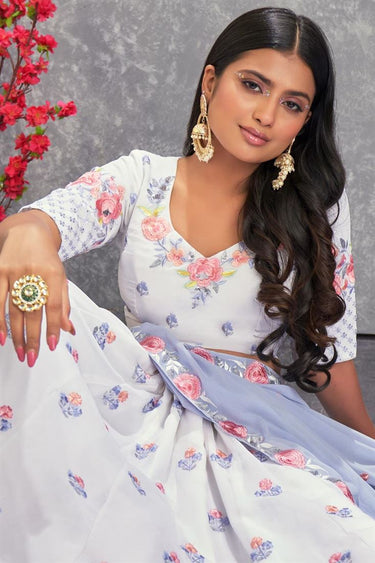 Georgette Fabric Floral Embroidered Brilliant Lehenga In Off White Color