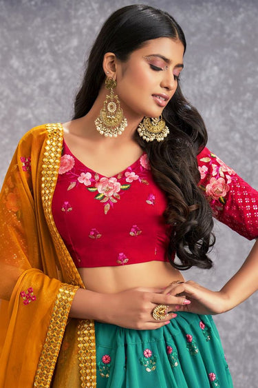 Georgette Fabric Floral Embroidered Wonderful Lehenga In Teal Color