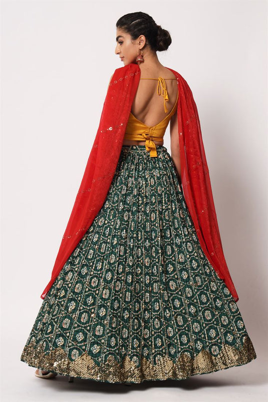 Marvellous Art Silk Fabric Printed Lehenga In Green Color