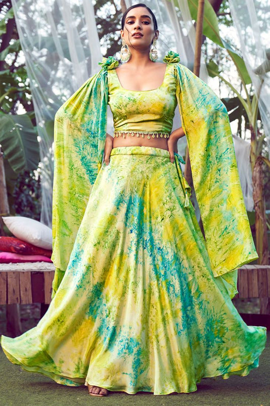 Green Color Silk Fabric Beautiful Party Wear Readymade Printed Lehenga