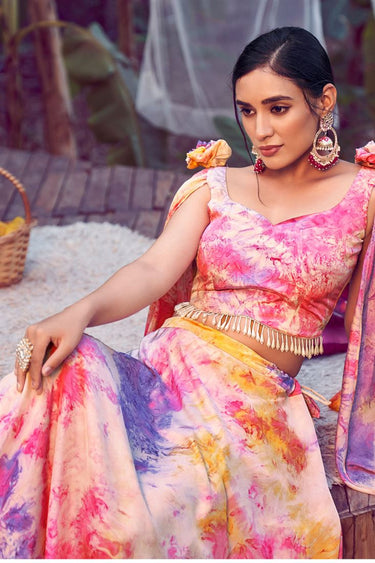 Silk Fabric Purple And Pink Color Glamorous Party Wear Readymade Printed Lehenga