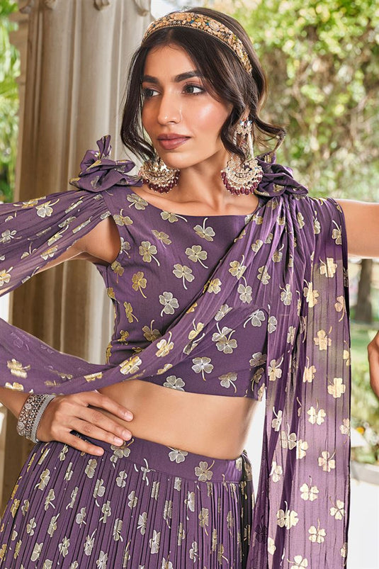 Elegant Georgette Foil Printed Lavender Color Lehenga For Functions