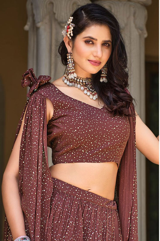 Enhance Your Function Look Foil Printed Georgette Lehenga In Brown Color