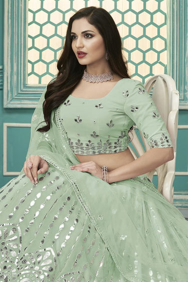 Pretty Georgette Fabric Embroidered Wedding Wear Lehenga Choli In Sea Green Color
