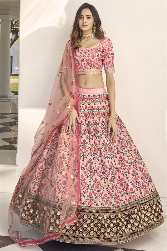 Attrective Art Silk Fabric Pink Color Sangeet Wear Lehenga With Embroidered Work