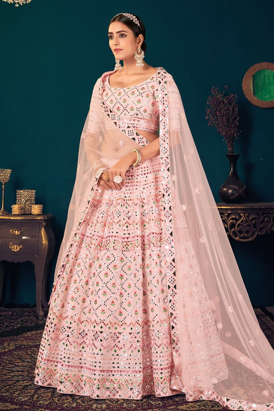 Wedding Wear Georgette Fabric Embroidered Lehenga Choli In Pink Color