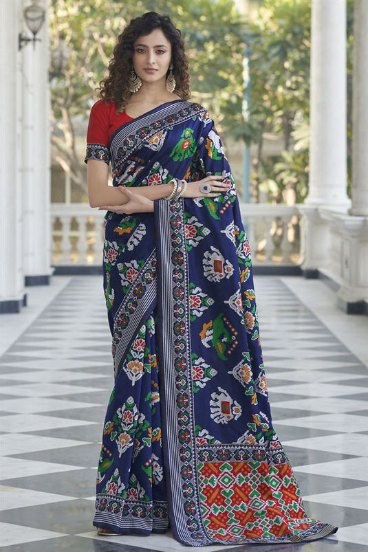 Art Silk Fabric Sangeet Wear Weaving Work Patola Style Saree In Navy Blue Color