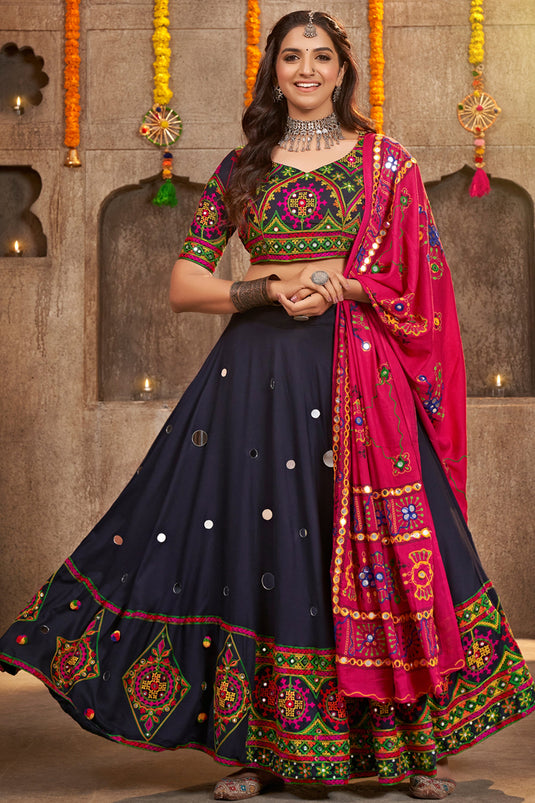 Navratri Special Embroidered Work Navy Blue Color Viscose Rayon Fabric Beatific Lehenga Choli