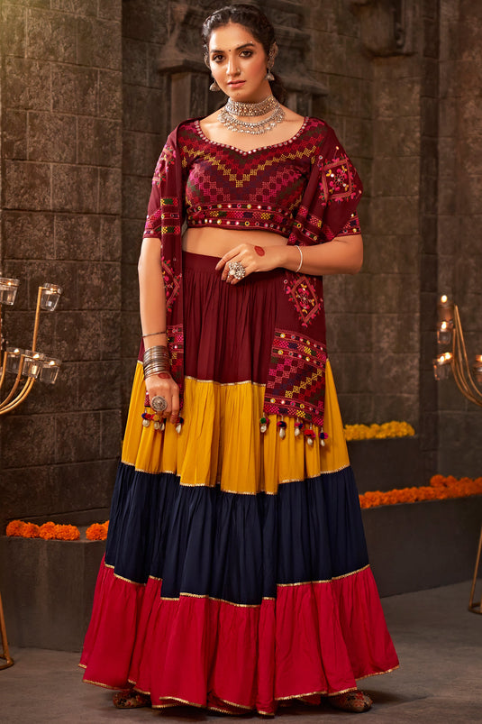 Navratri Special Embroidered Work On Viscose Rayon Fabric Multi Color Awesome Lehenga Choli