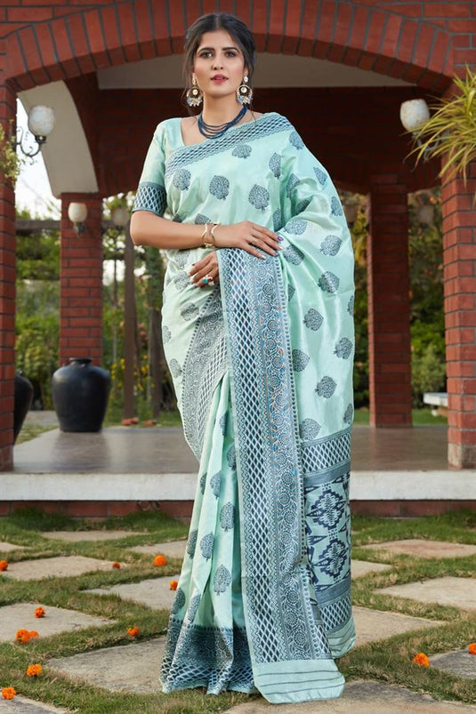Art Silk Fabric Sea Green Color Saree For Wedding Function