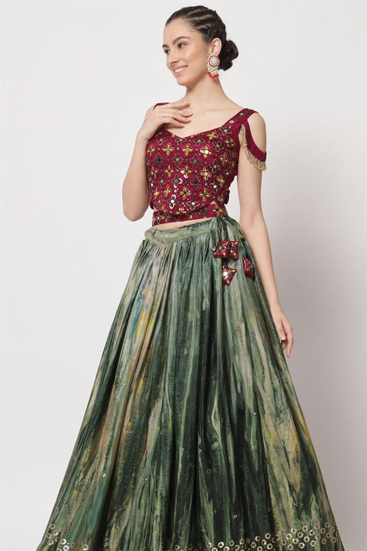 Chinon Fabric Green Color Function Wear Glamorous Printed Lehenga