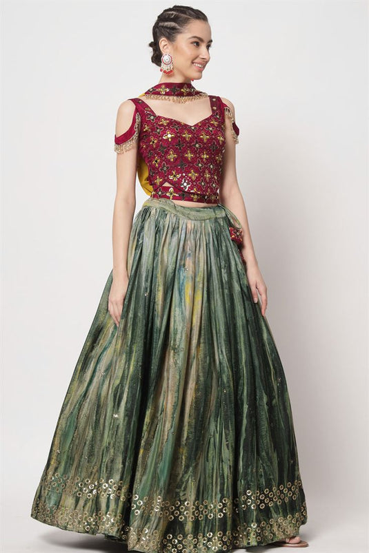 Chinon Fabric Green Color Function Wear Glamorous Printed Lehenga