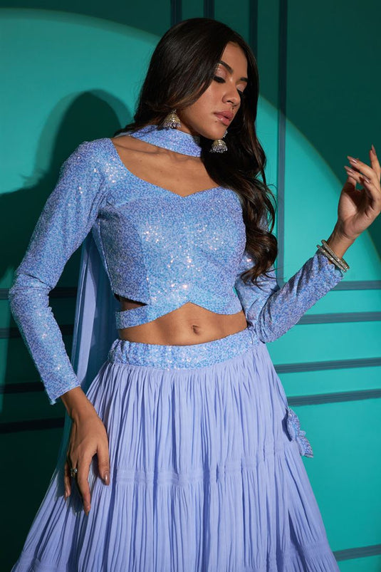 Sky Blue Color Exquisite Georgette Function Style Pleating Pattern Lehenga