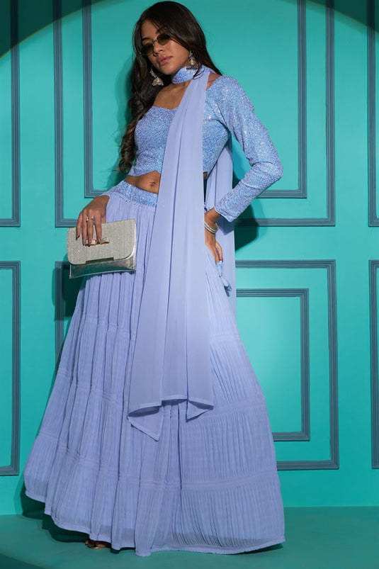 Sky Blue Color Exquisite Georgette Function Style Pleating Pattern Lehenga