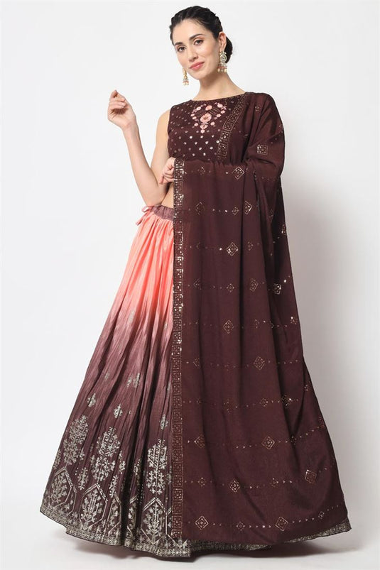 Brown Color Amazing Chinon Fabric Foil Printed Lehenga