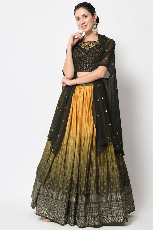 Olive Color Intricate Chinon Fabric Foil Printed Lehenga