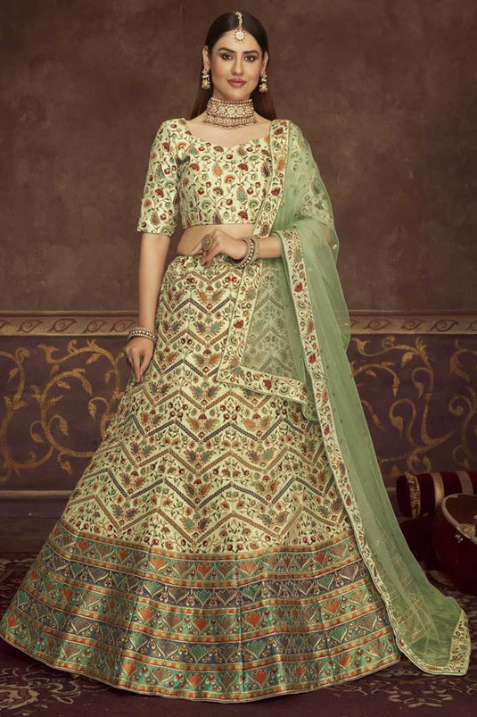 Trendy Embroidered Work Lehenga Choli In Sea Green Color Art Silk Fabric