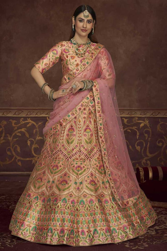 Peach Color Sangeet Wear Art Silk Fabric Lehenga With Embroidered Work