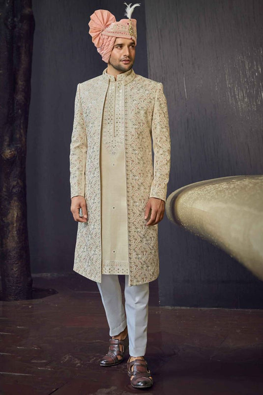 Pretty Beige Color Fancy Fabric Heavy Embroidered Designer Indowestern Groom Sherwani