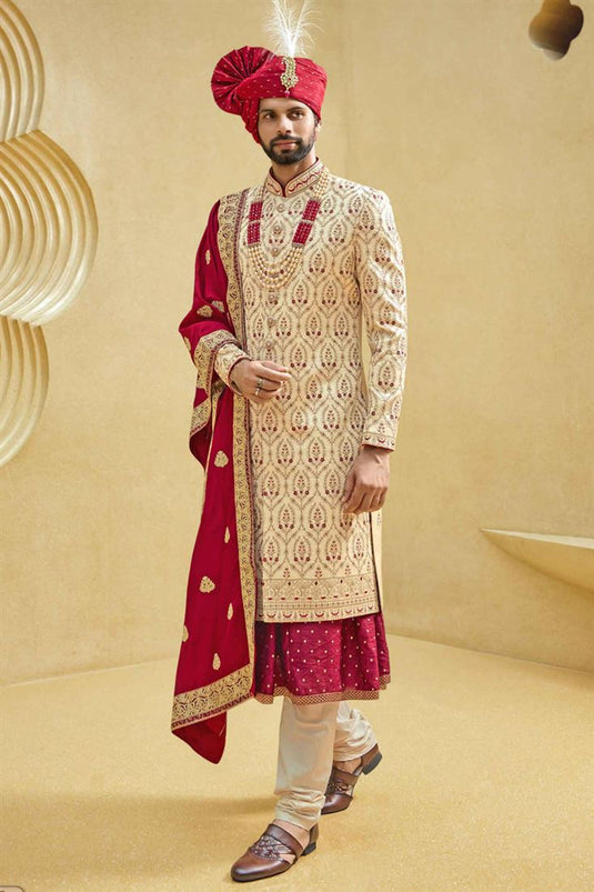 Attractive Cream Fancy Fabric Heavy Embroidered Designer Indowestern Groom Sherwani