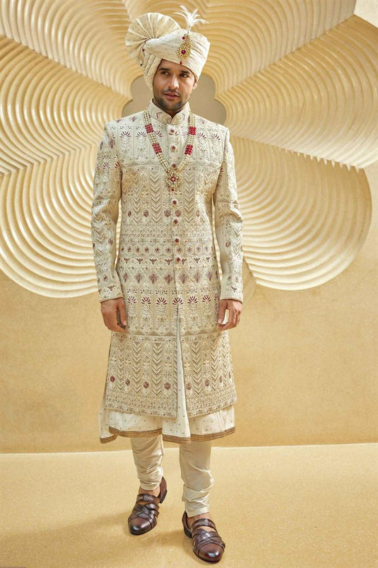 Alluring Cream Color Fancy Fabric Heavy Embroidered Designer Indowestern Groom Sherwani