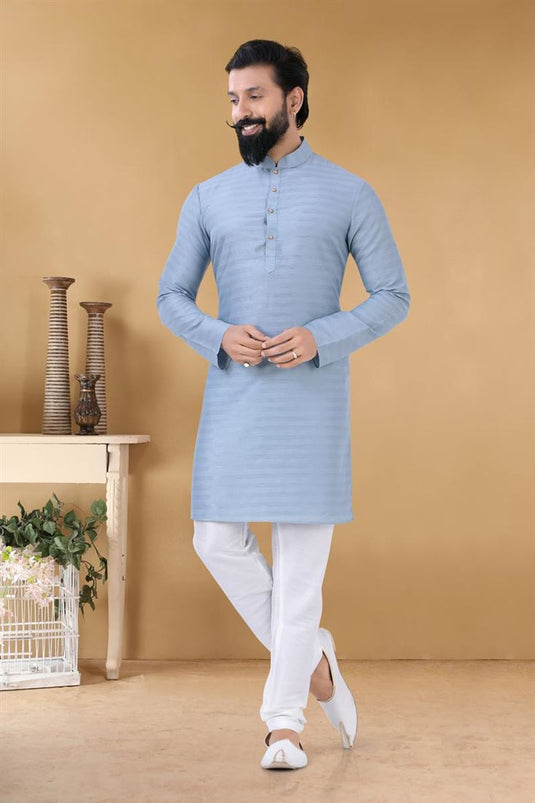 Fetching Blue Color Cotton Fabric Wedding Wear Designer Readymade Kurta Pyjama For Men