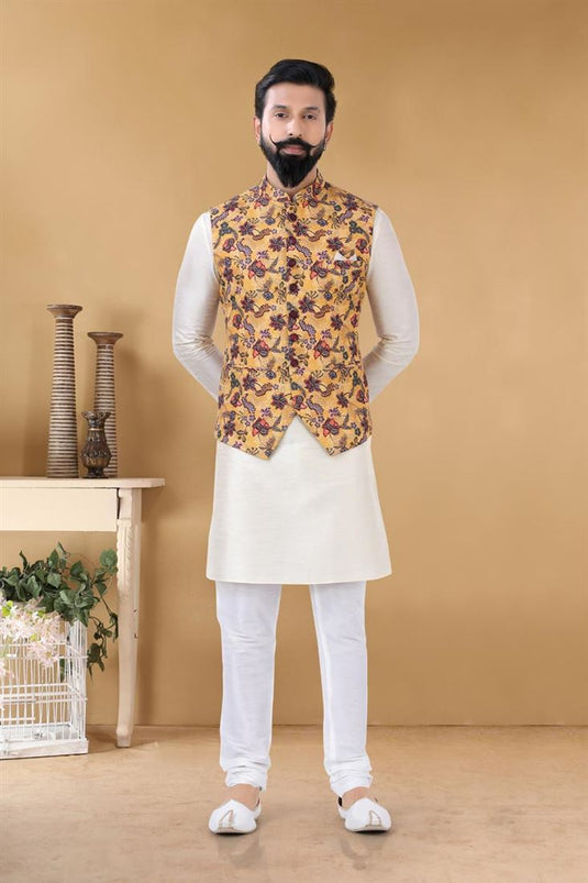 Glamorous Off White Color Art Silk Fabric Function Wear Fancy Readymade Kurta Pyjama With Jacket