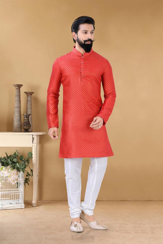 Alluring Red Color Art Silk Fabric Festive Wear Stylish Readymade Kurta Pyjama For Men