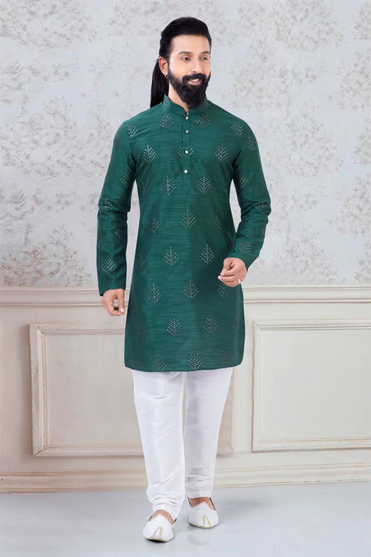 Captivating Teal Color Art Silk Fabric Sangeet Wear Trendy Readymade Kurta Pyjama For Men