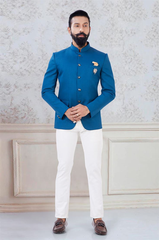 Appealing Blue Color Jodhpuri Suit With Pocket Flaps