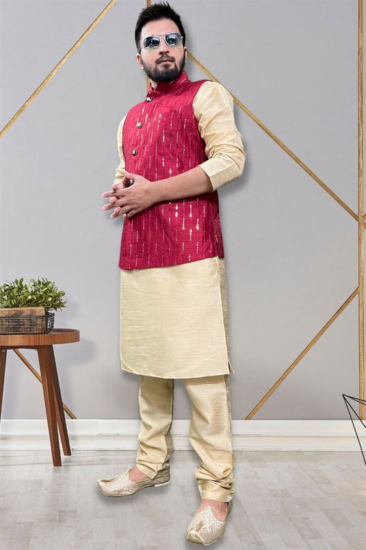 Stunning Readymade Men Kurta Pyjama With Rani Color Jacket