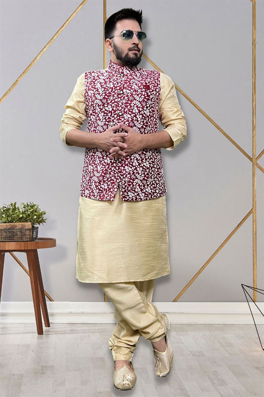 Readymade Lovely Kurta Pyjama For Men With Maroon Color Jacket