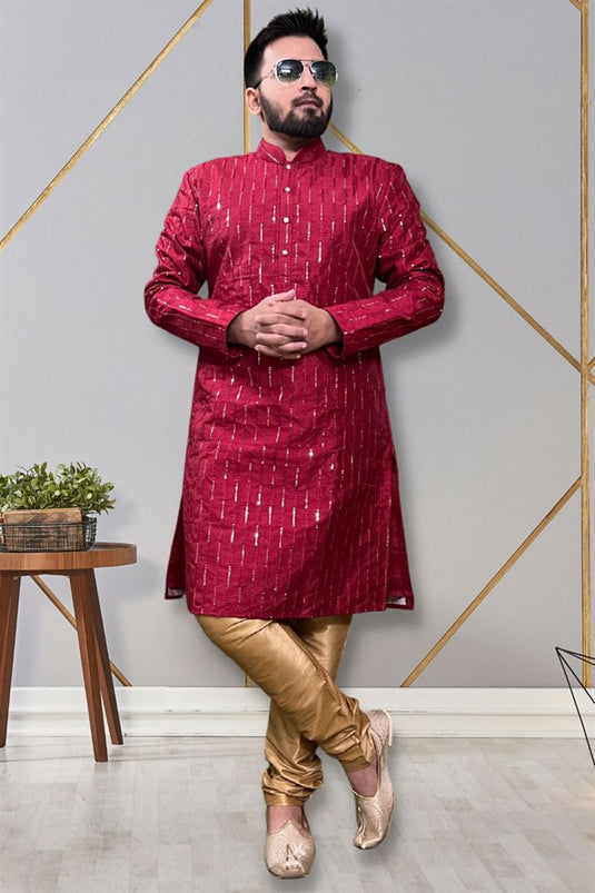 Fancy Maroon Color Art Silk Fabric Readymade Kurta Pyjama For Men