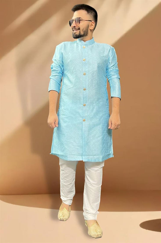 Sky Blue Color Sangeet Wear Readymade Jacquard Fabric Kurta Pyjama For Men