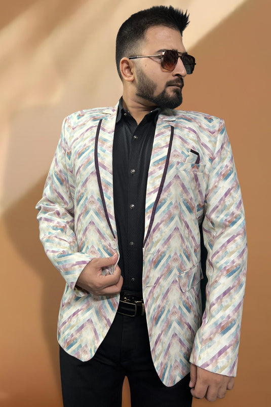 Mens Party Wear Cream Color Readymade Blazer In Cotton Fabric