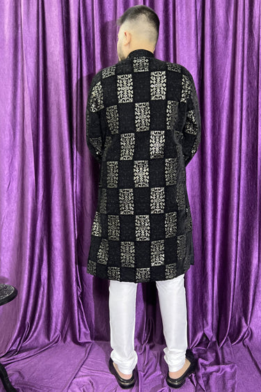 Velvet Black Color Readymade Designer Men Kurta Pyjama
