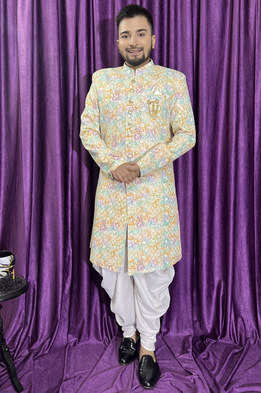 Beautiful Cream Color Wedding Wear Readymade Peshawari Style Indo Western For Men In Cotton Fabric