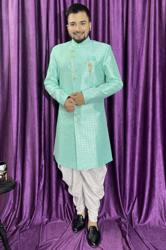 Silk Wedding Wear Attractive Readymade Men Peshawari Style Indo Western In Sea Green Color