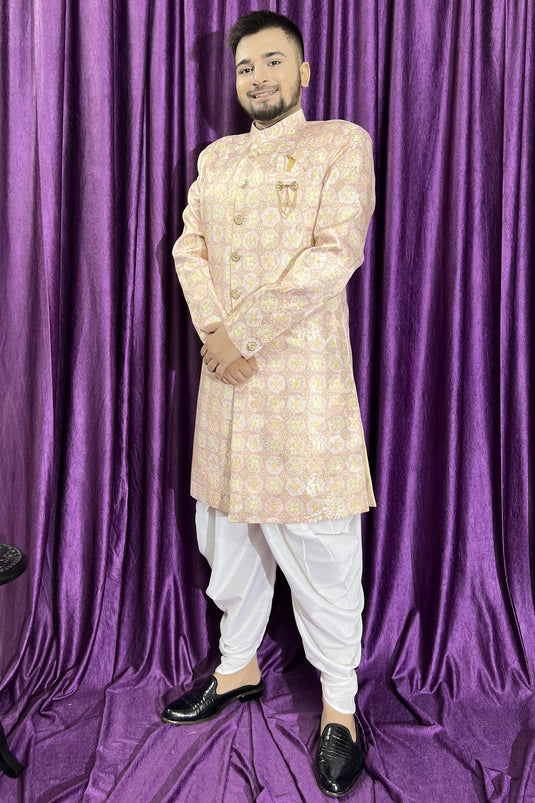 Jacquard Peach Magnificent Readymade Men Peshawari Style Indo Western For Wedding Wear