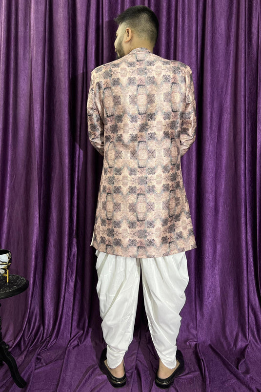 Wedding Wear Silk Fabric Designer Readymade Peshawari Style Indo Western For Men In Peach Color