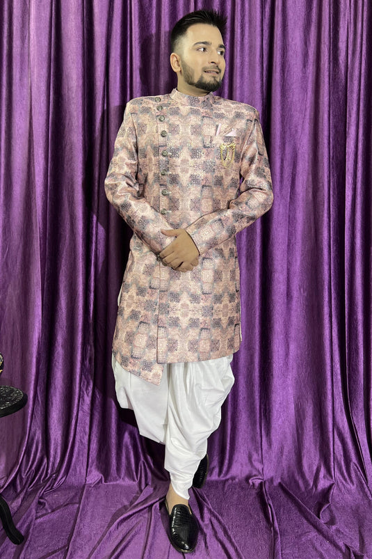 Wedding Wear Silk Fabric Designer Readymade Peshawari Style Indo Western For Men In Peach Color